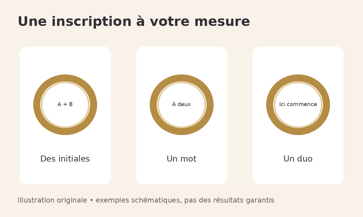 Trois anneaux dessinés accompagnés d’exemples de textes : A + B, À deux et Ici commence.