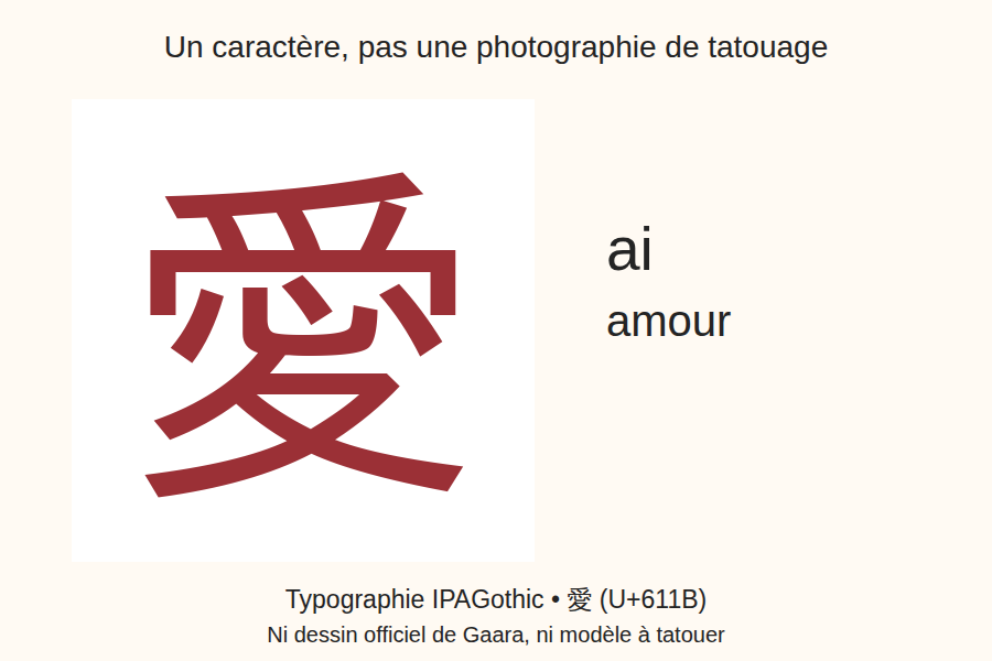 Illustration typographique du kanji 愛, ai, amour ; ce n’est pas un tatouage réel.