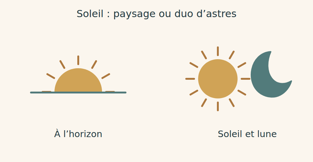 Un demi-soleil derrière un horizon et, séparément, un soleil avec un croissant de lune.
