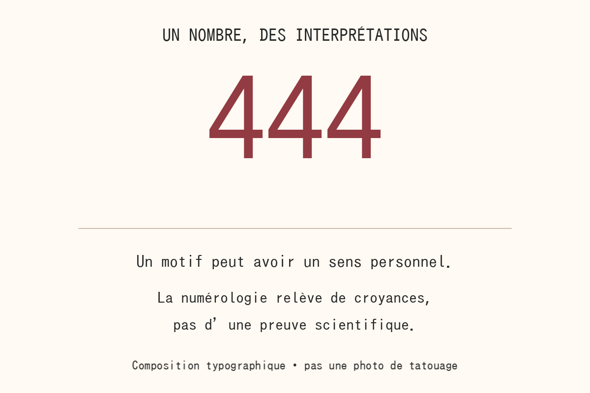 Composition typographique 444, distinguant sens personnel et croyances numérologiques.