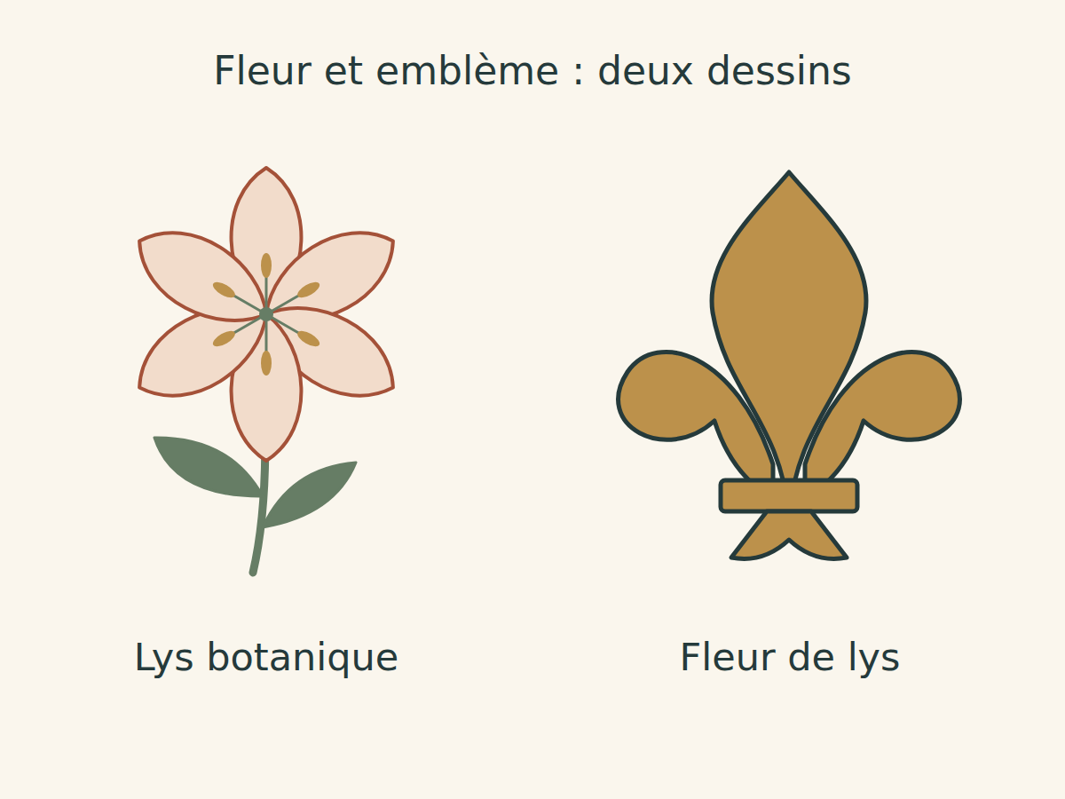 À gauche, un lys à six tépales avec tige et feuilles ; à droite, un emblème stylisé de fleur de lys à trois parties.