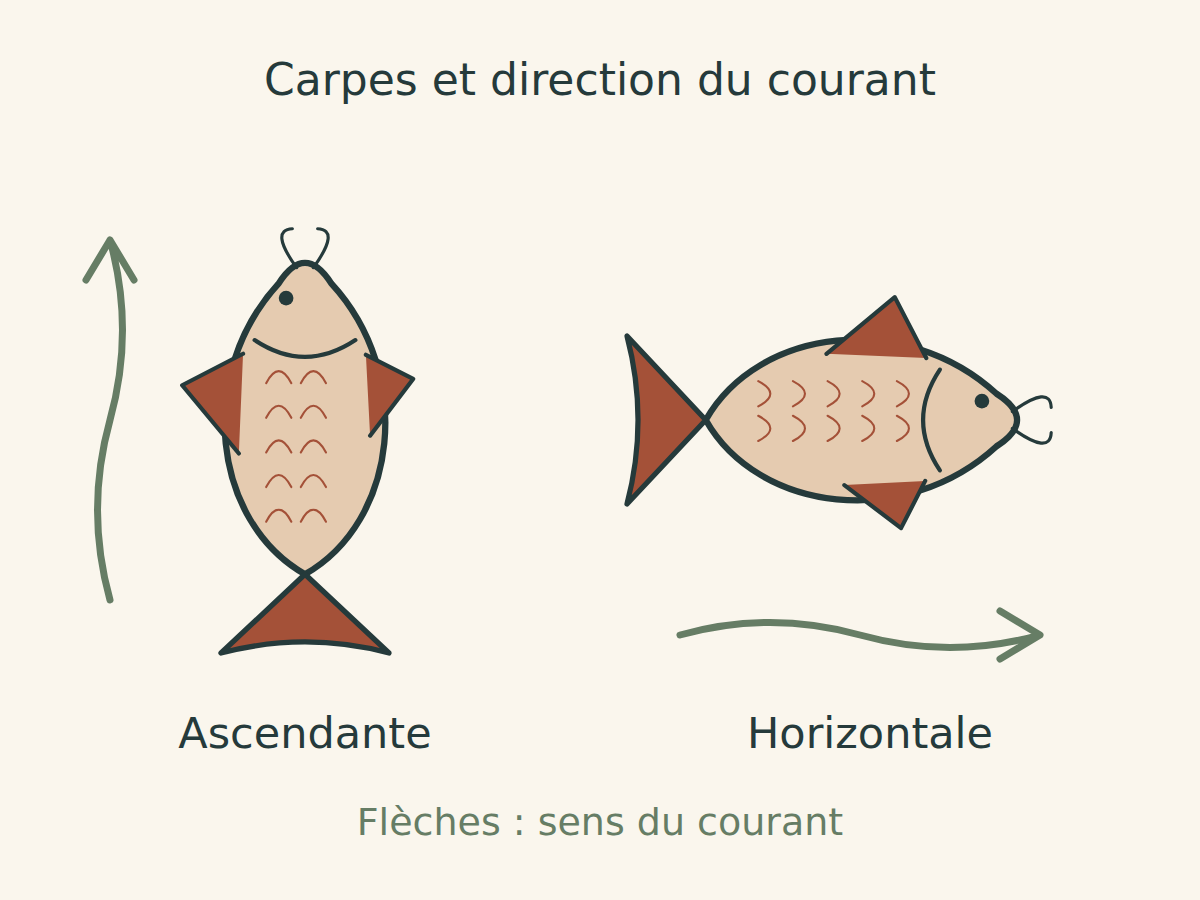 Deux carpes stylisées dans un courant, une verticale vers le haut et une horizontale vers la droite.