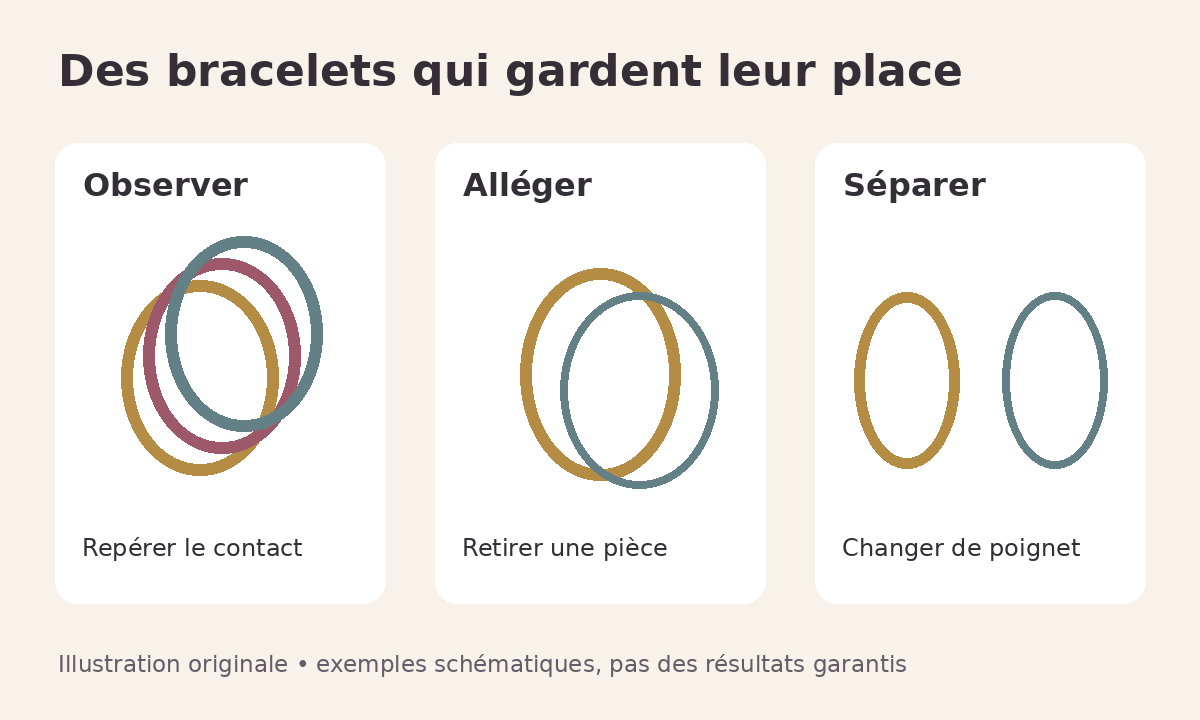 Trois schémas de bracelets : superposés, moins nombreux, puis séparés.