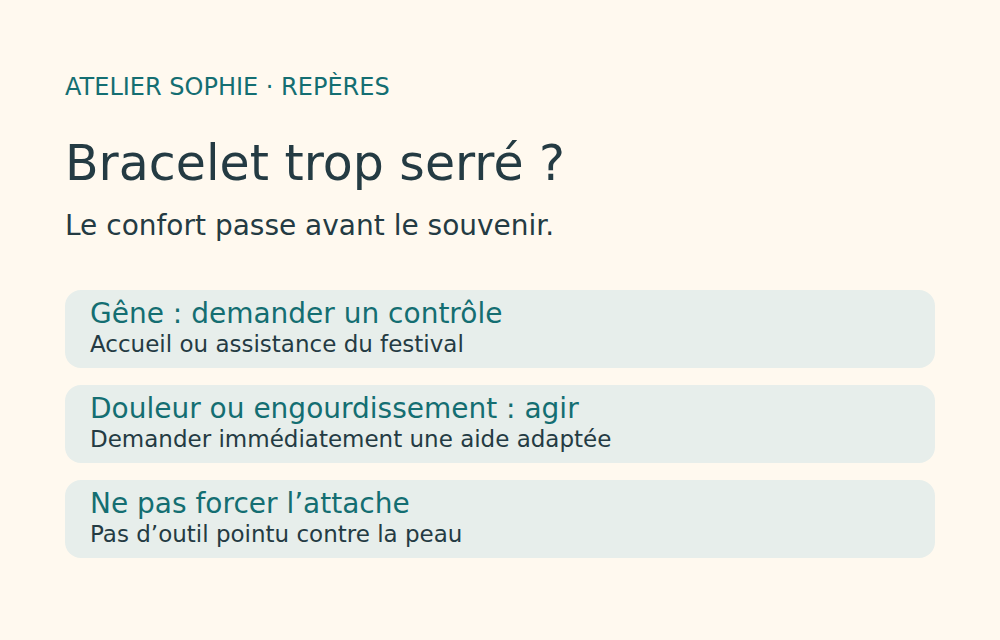 Carte de repères : demander assistance pour un bracelet de festival trop serré