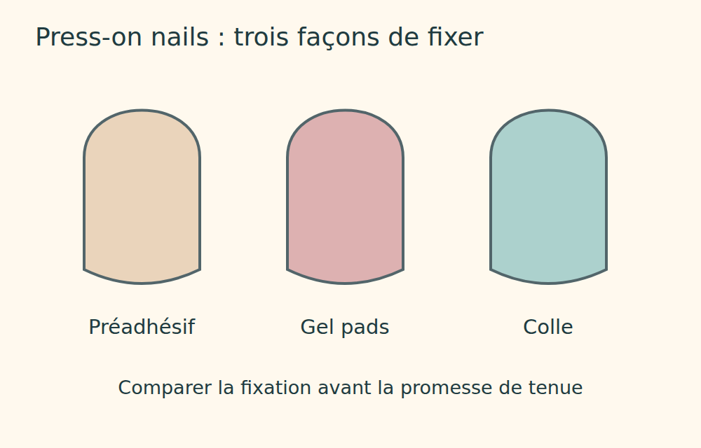 Trois capsules génériques illustrent préadhésif, gel pads et colle liquide.