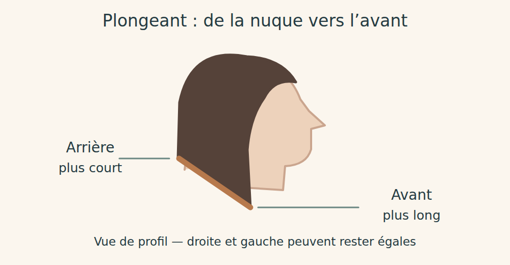 Profil dessiné tourné vers la droite, contour des cheveux plus court à gauche à la nuque et plus long devant.