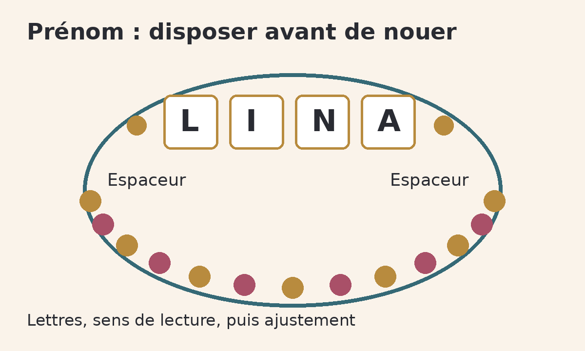 Composition schématique d’un bracelet de perles avec le prénom LINA et deux espaceurs.