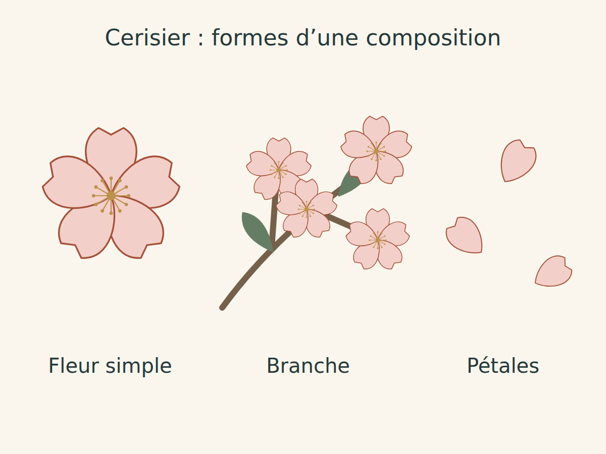 Fleur de cerisier à cinq pétales échancrés, branche fleurie avec feuilles et trois pétales détachés.