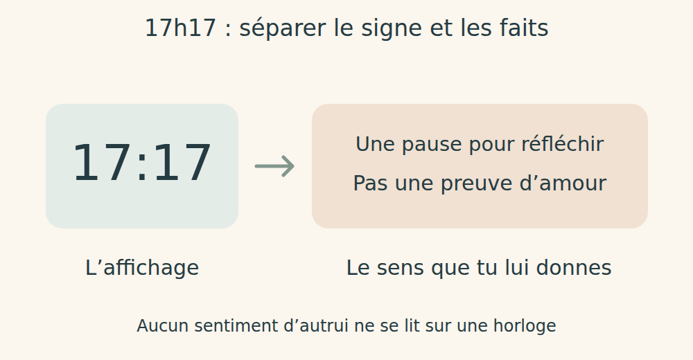 Affichage 17:17 à gauche, puis une invitation à réfléchir, explicitement distincte d’une preuve d’amour.