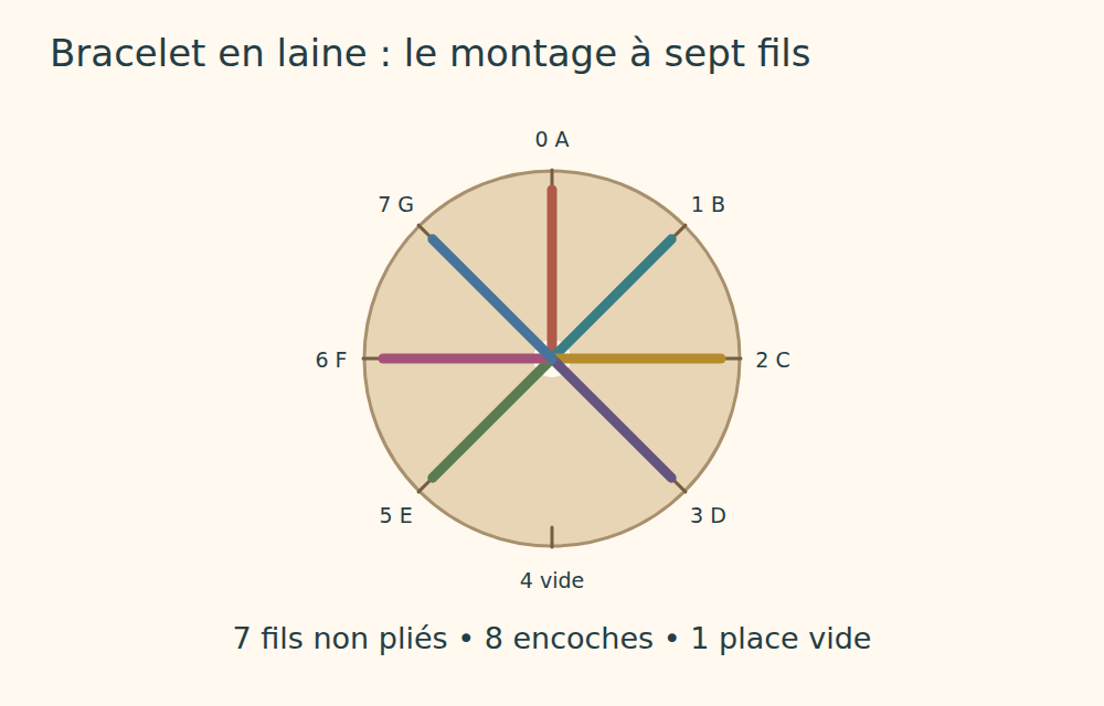 Disque de carton à huit encoches numérotées ; sept fils A à G et position 4 vide en bas.