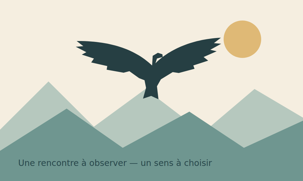 Rapace stylisé en vol au-dessus de deux plans montagneux.