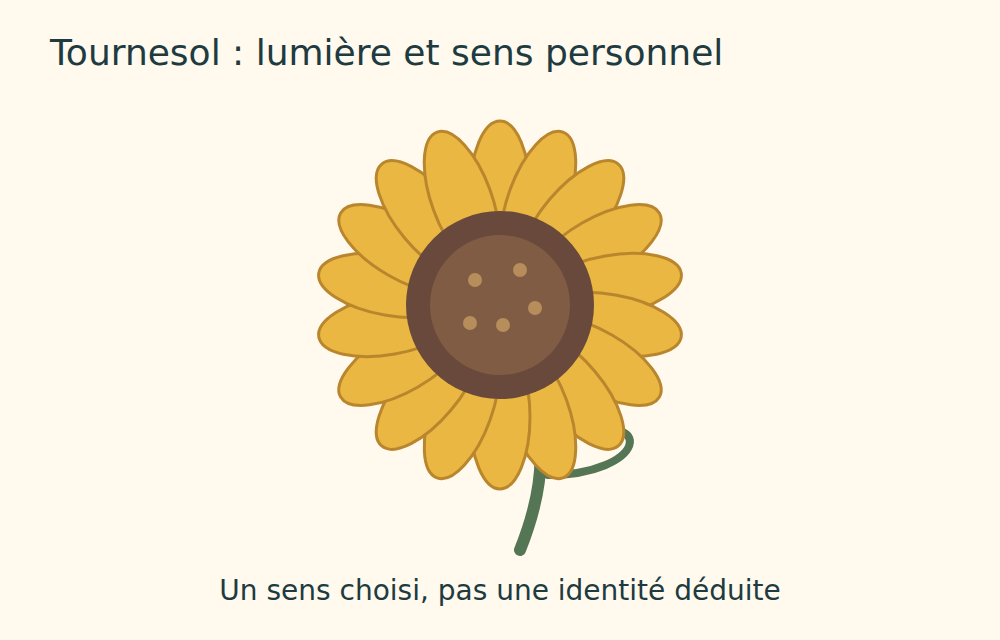 Tournesol stylisé jaune avec centre brun et tige verte sur fond crème.