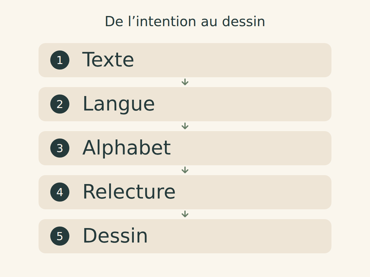 Cinq étapes reliées par des flèches : texte, langue, alphabet, relecture, puis dessin.