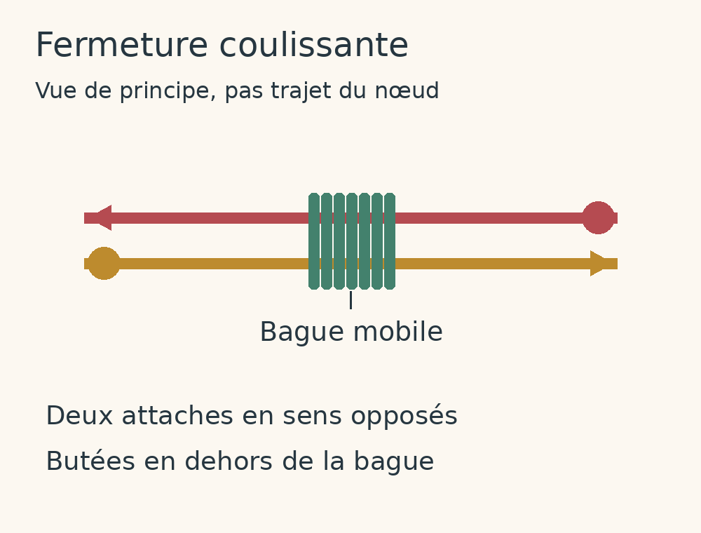 Schéma de principe de deux attaches opposées traversant une bague coulissante, distincte des butées