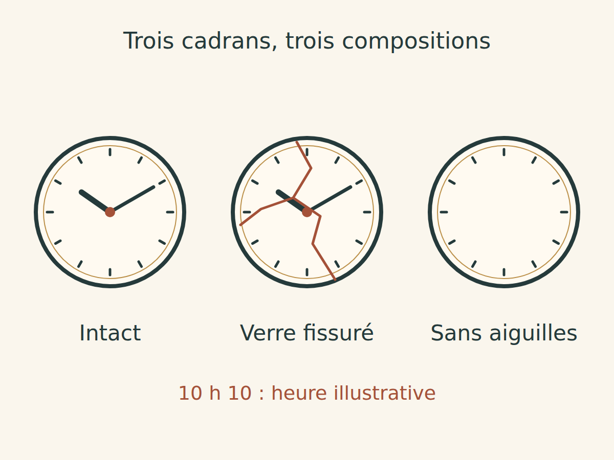 Trois cadrans : deux à 10 h 10, dont un au verre fissuré, puis un cadran sans aiguilles.