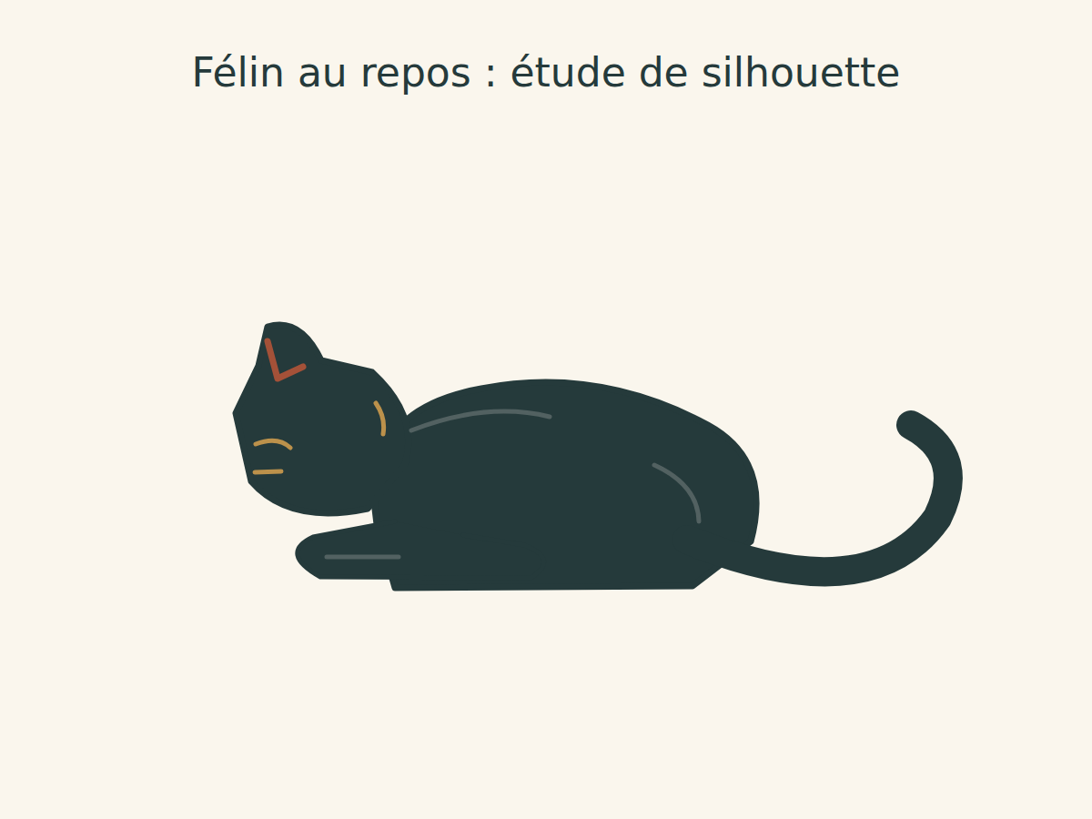 Félin sombre stylisé couché, tête de profil à gauche et longue queue recourbée à droite.
