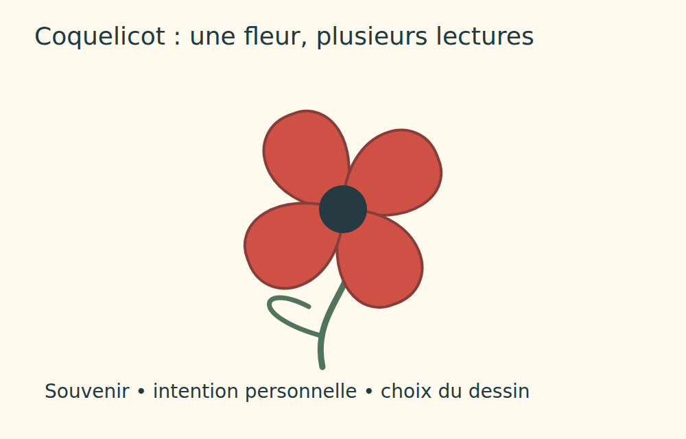 Coquelicot stylisé à quatre pétales rouges, cœur foncé et tige courbe.