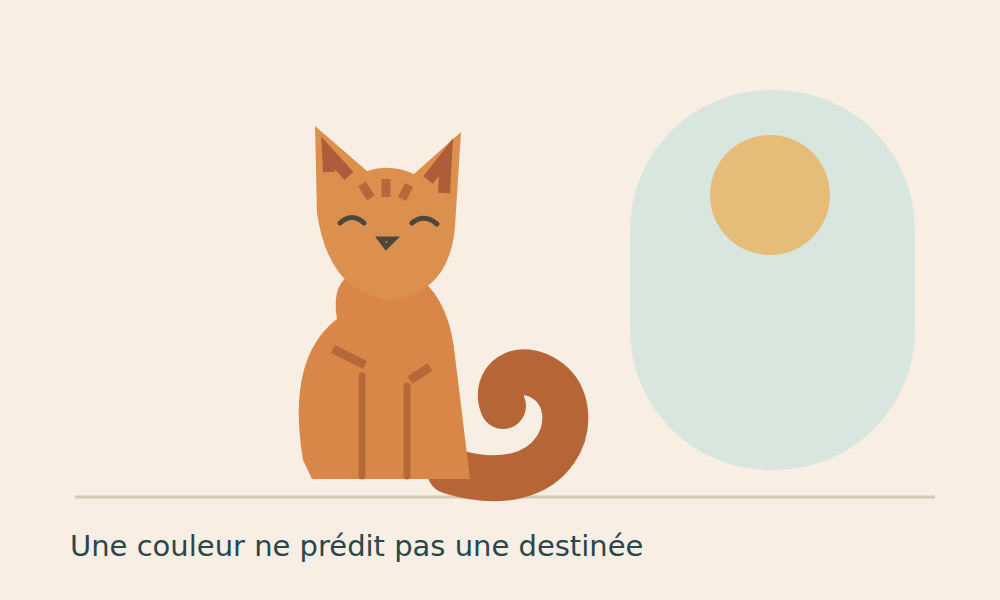 Chat roux assis, dessiné devant une fenêtre arrondie.