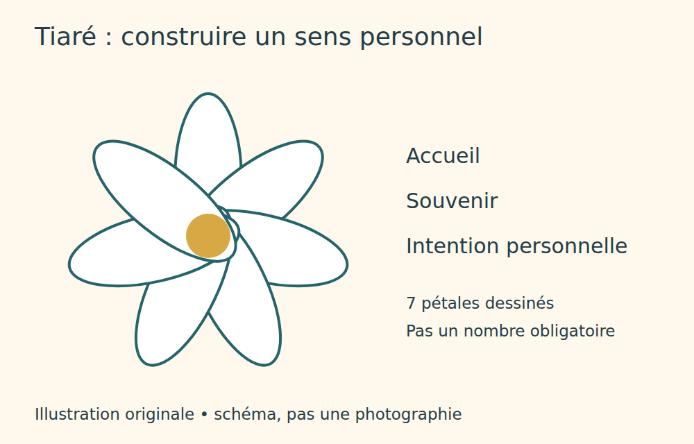 Fleur stylisée à sept pétales, accueil, souvenir et intention personnelle