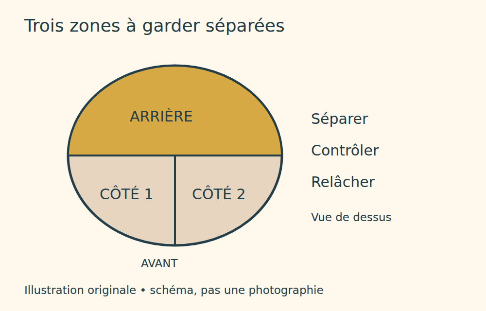 Plan schématique de dessus : zone arrière et deux côtés distincts