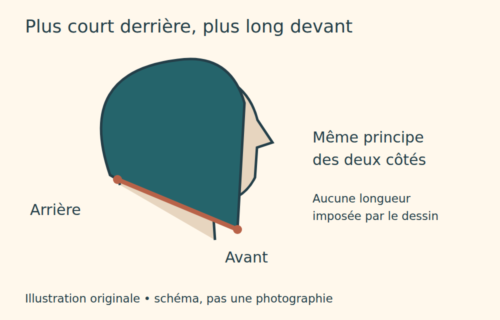 Schéma de profil : l’extrémité avant descend plus bas que l’extrémité arrière, des deux côtés