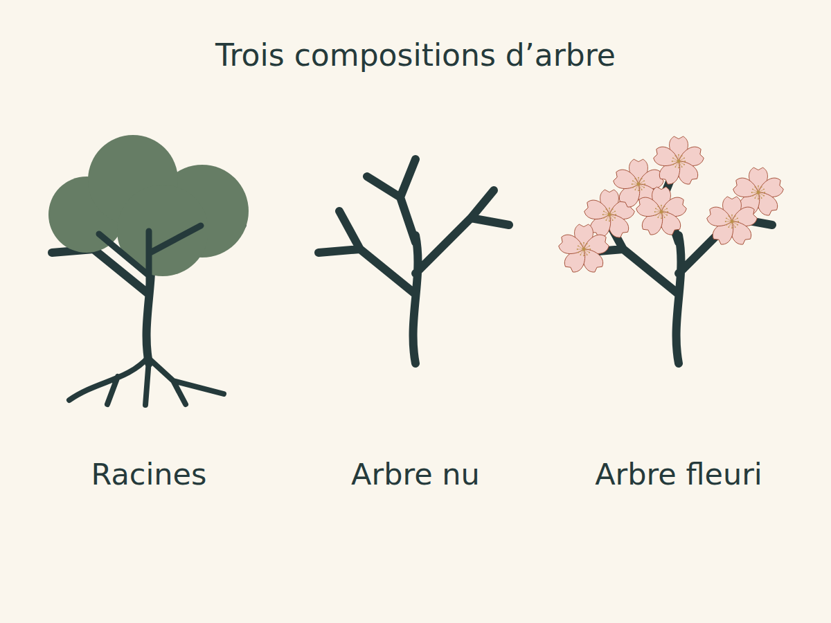 Trois arbres dessinés : arbre feuillu aux racines visibles, arbre nu et arbre fleuri.