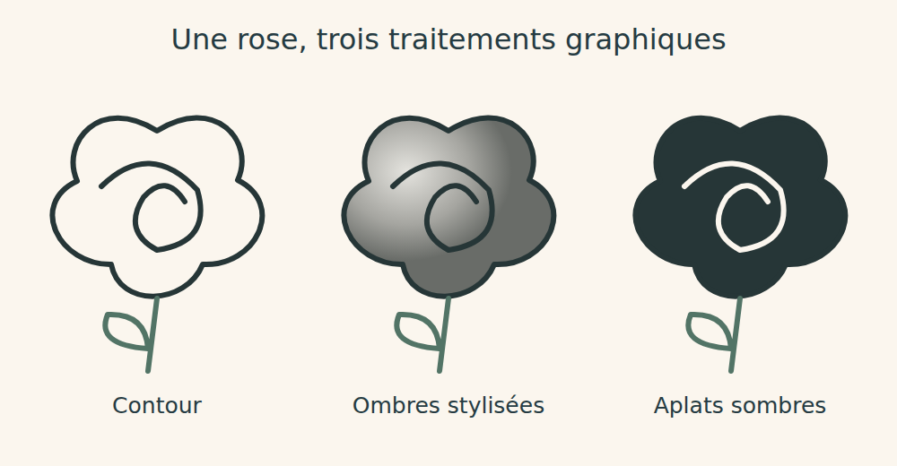 Même rose inventée déclinée en contour, ombres grises et aplats sombres.