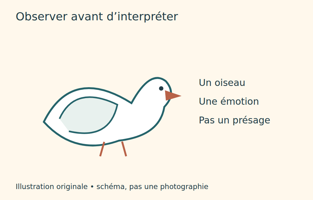 Oiseau blanc stylisé, séparant observation, émotion et présage