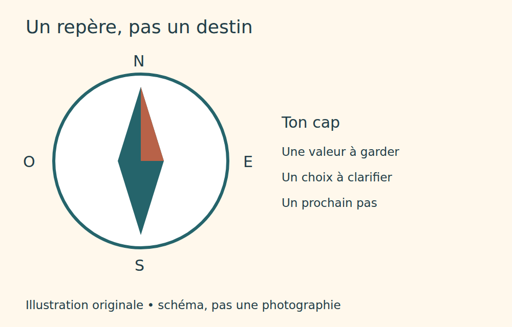 Boussole stylisée avec quatre points cardinaux et trois repères personnels
