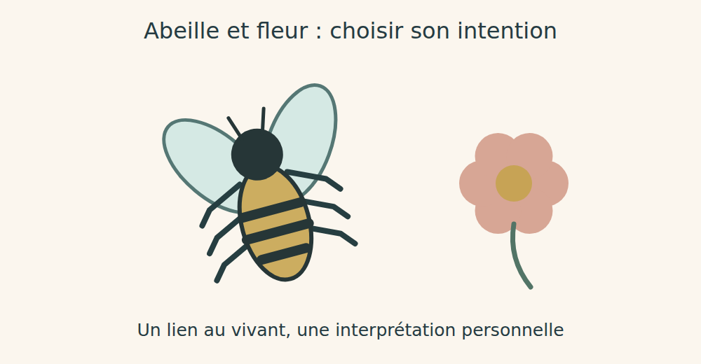 Abeille stylisée avec six pattes à côté d’une fleur imaginaire.
