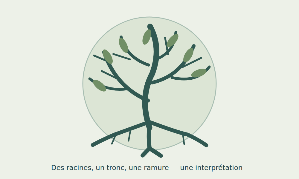 Arbre original à trois grandes racines et à ramure ouverte dans un cercle.